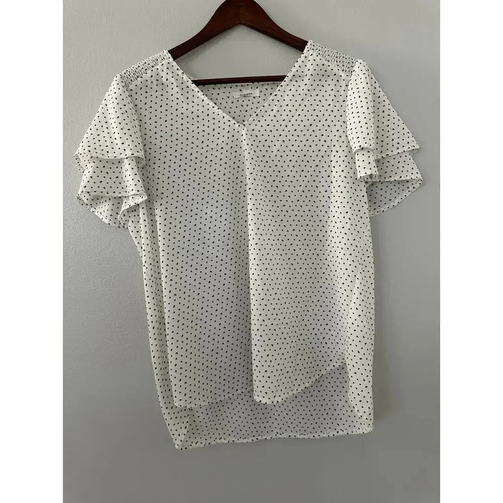 PLEIONE V-Neck Double Ruffle With Smocking Shoulder Top - Picture 3 of 5